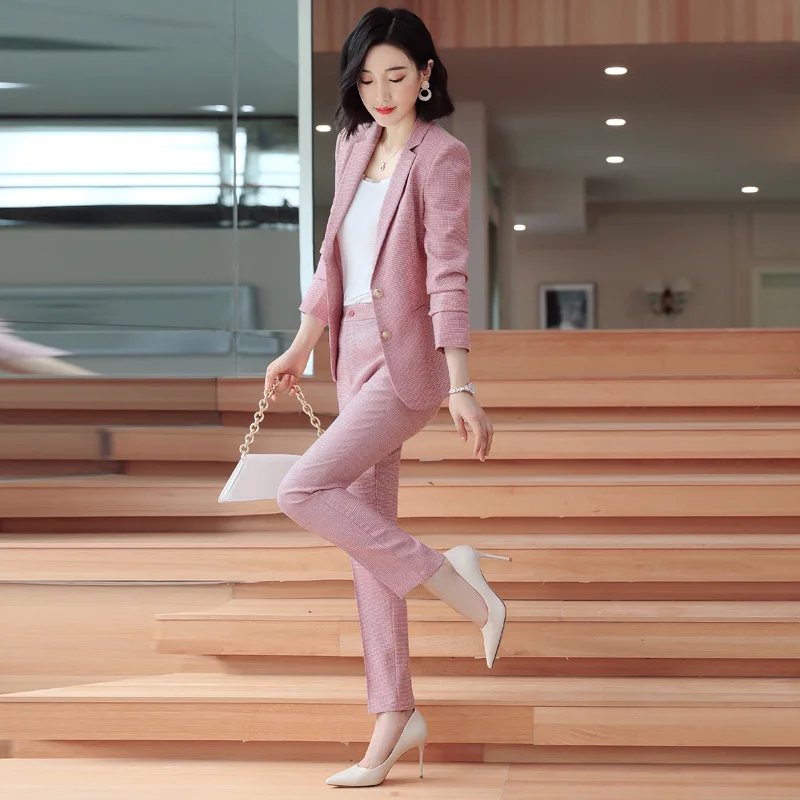 Костюм женский клетчатый из 2 предметов элегантный пиджак и брюки одежда для
