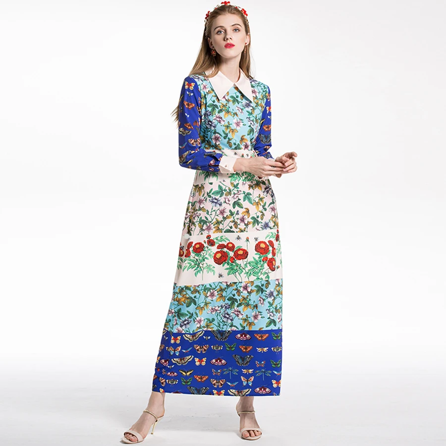 

Fashion Shirt Runway Spring Autumn New Arrival Long Sleeve Lapel Insect Flower Print Elegant Party Holiday Dress