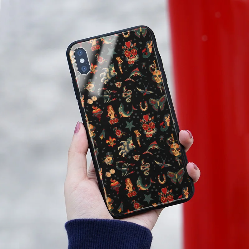 Модный мягкий силиконовый стеклянный чехол с пиратскими татуировками и иконами