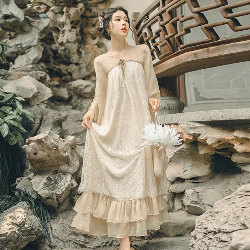 

New Female Hanfu Dress New Improved Elegant V-Neck Lace Ruffled Dress Retro Classical Dance Performance Stage Clothes DQL4020