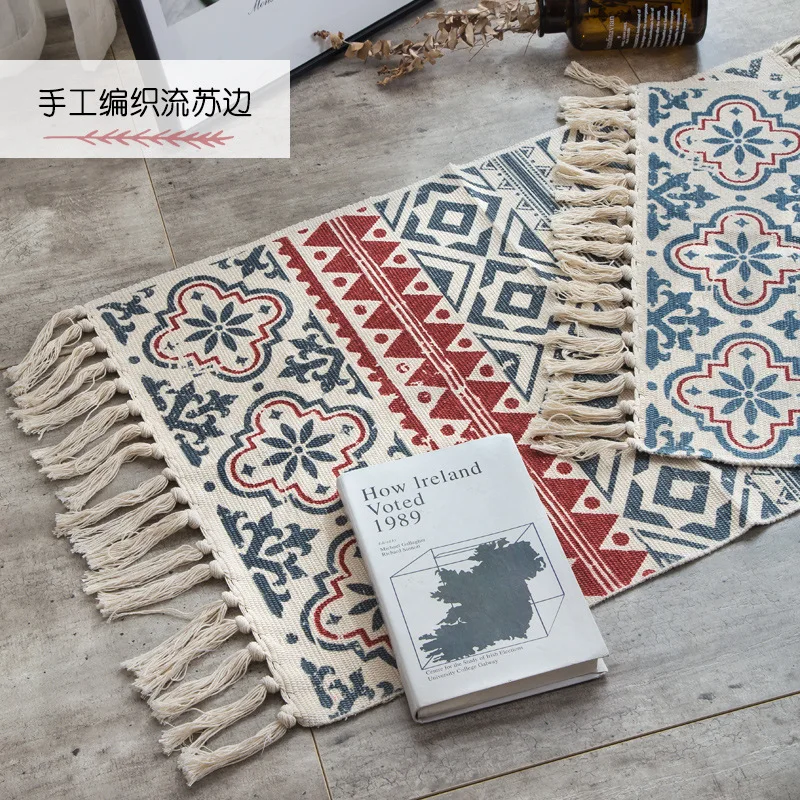 Ретро богемный тканый хлопковый льняной ковер ручной работы с кисточками