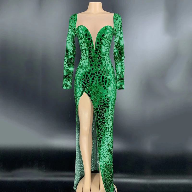 Роскошное зеркальное платье с длинным рукавом и разрезом женские платья