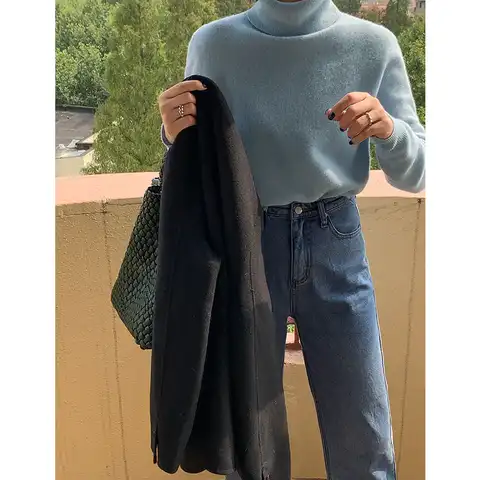 Зимний высококачественный Женский шерстяной свитер, однотонный пуловер с высоким воротом, Вязаный топ с длинными рукавами