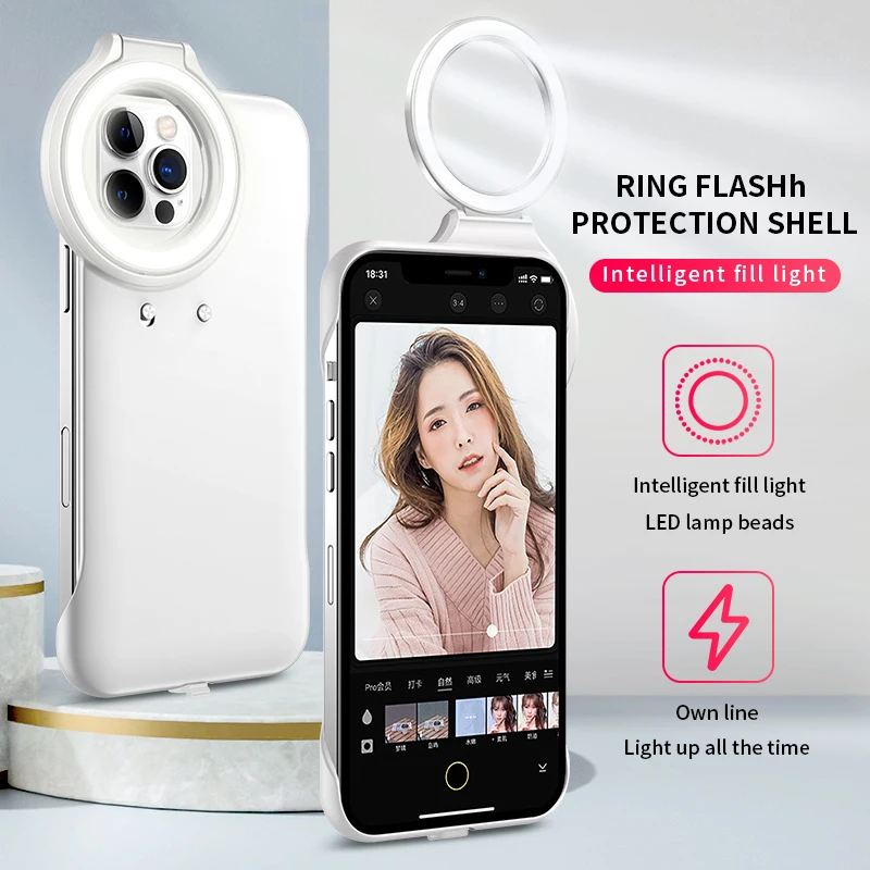 

LED Ring Light Flash Case for iPhone 12 Pro max Selfie Flashlight Cellphone Case Cover for iPhone XS XR 11 12