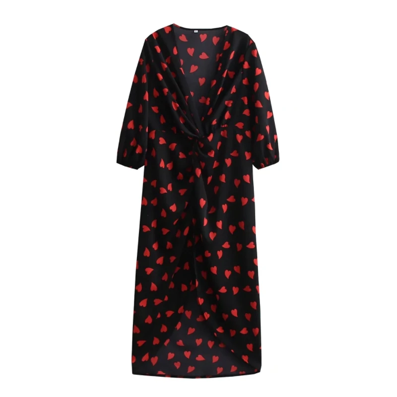 

Women Peach Heart Print V Neck Twist Knot Design Midi Dress Female Three Quarter Sleeve Clothes Casual Lady Loose Vestido D9136