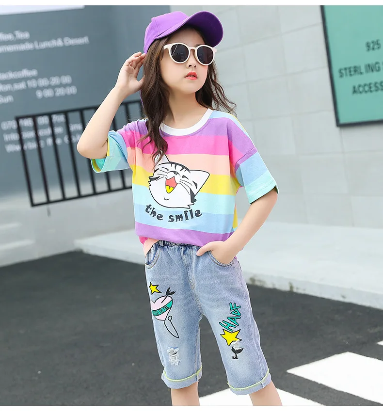 

IENENS Summer Kids Baby Girls Clothes Tops + Denim Pants Children Girl Cotton T-shirt Clothing Suits