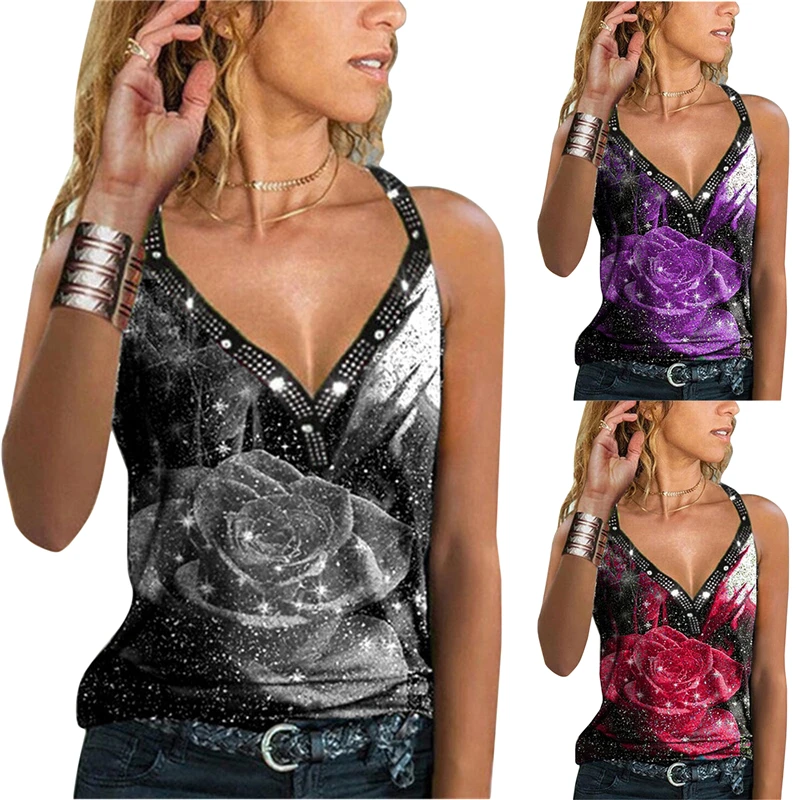

Футболка женская без рукавов, свободный пикантный топ с V-образным вырезом и цветочным принтом, модная одежда, на лето
