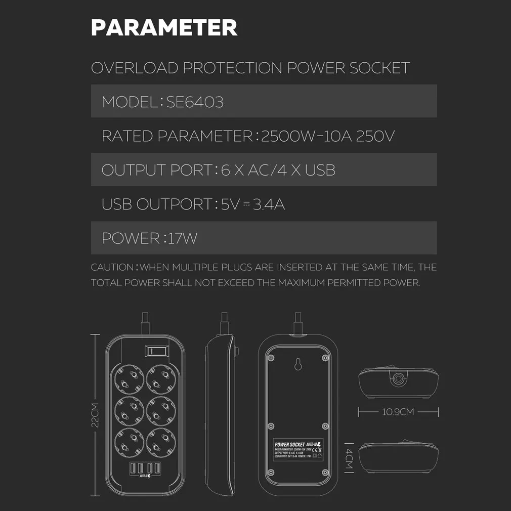 

4 USB Phone Charger Multiple Power Sockets 6 EU Outlet Power Strip Charger For Home/Restaurant Charging Mobile Phone