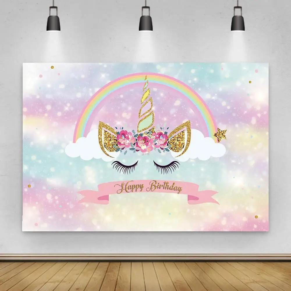 

Радужный цветочный Единорог облака крыло Принцесса Девушка День Рождения Декор фонарик Снег торт украшение стола фоны