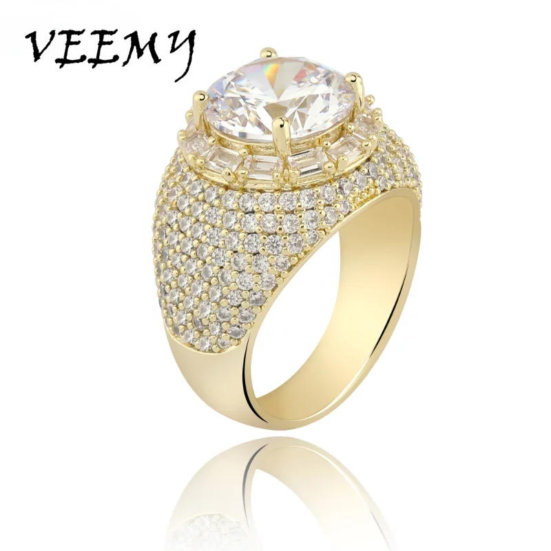 

VEEMY Hip Hop Big Round Micro Paved Zircon Ring Women Men Gold Silver Color Bling Iced Out Cubic Zircon Ring Luxury Jewelry Gift