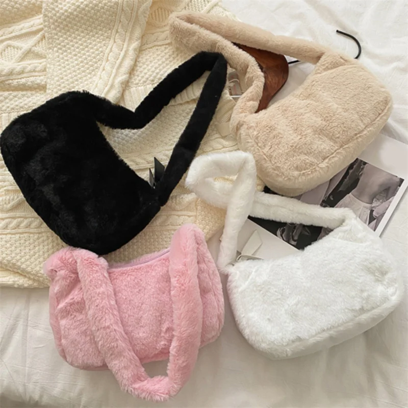 

Simple Design Women Soft Plush Shoulder Bags Winter Furry Ladies Clutch Purse Handbag Fashion Female Baguette Underarm Bag