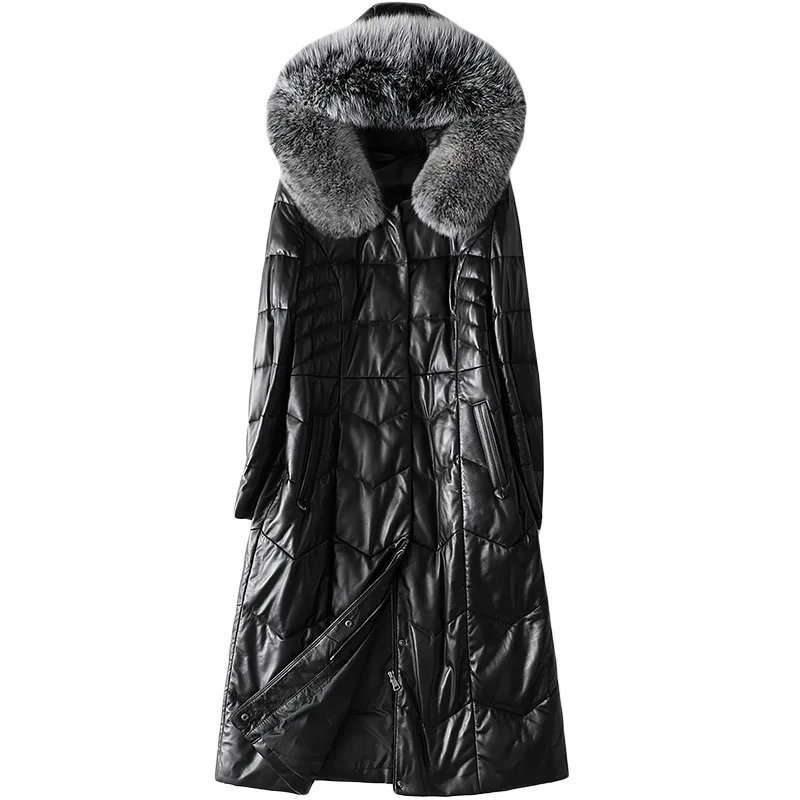 Winter Fashion 2020 Fox Fur Collar Hooded Sheepskin Leather Down Jacket Women's Long Genuine Leather Coat Thick Warm Outwear