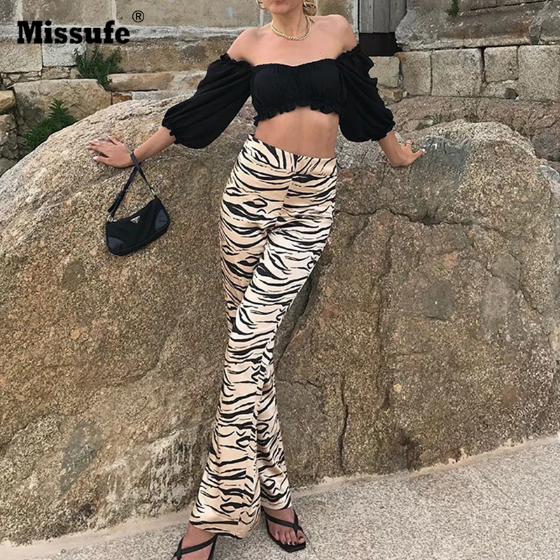 Missufe женские брюки эластичные с высокой талией принтом тигра клеш сексуальные
