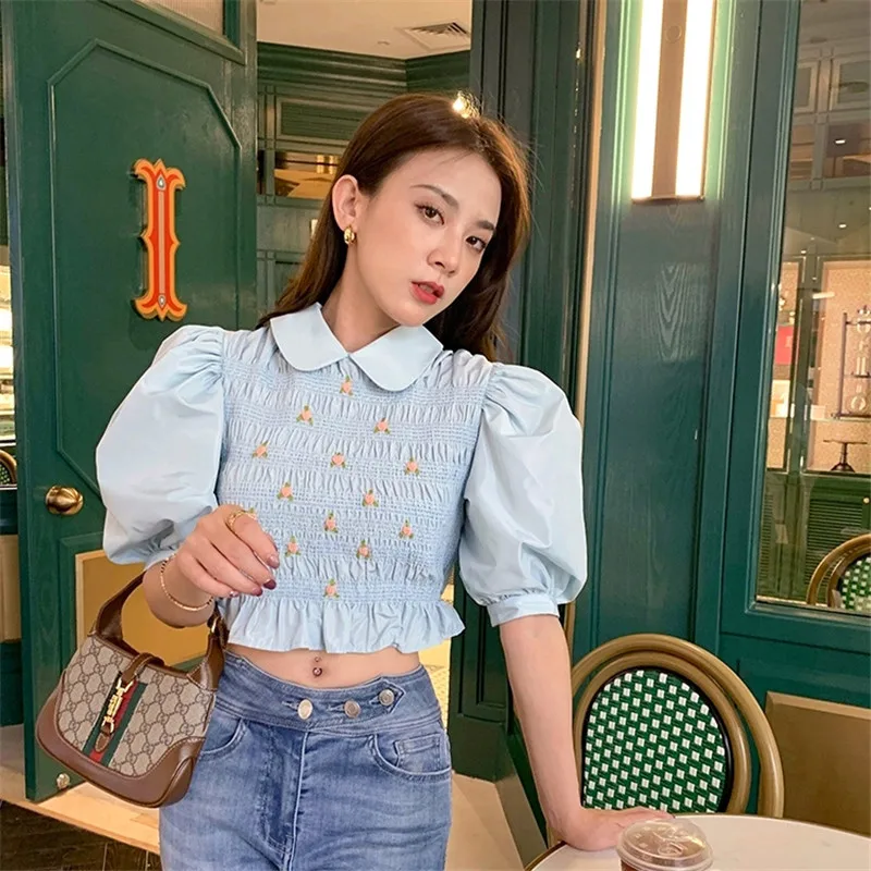 

Korean Fashion Ruffles Summer Tops for Women 2021 Elegant Blue Puff Sleeve Cotton Blouses Womens Vetement Femme
