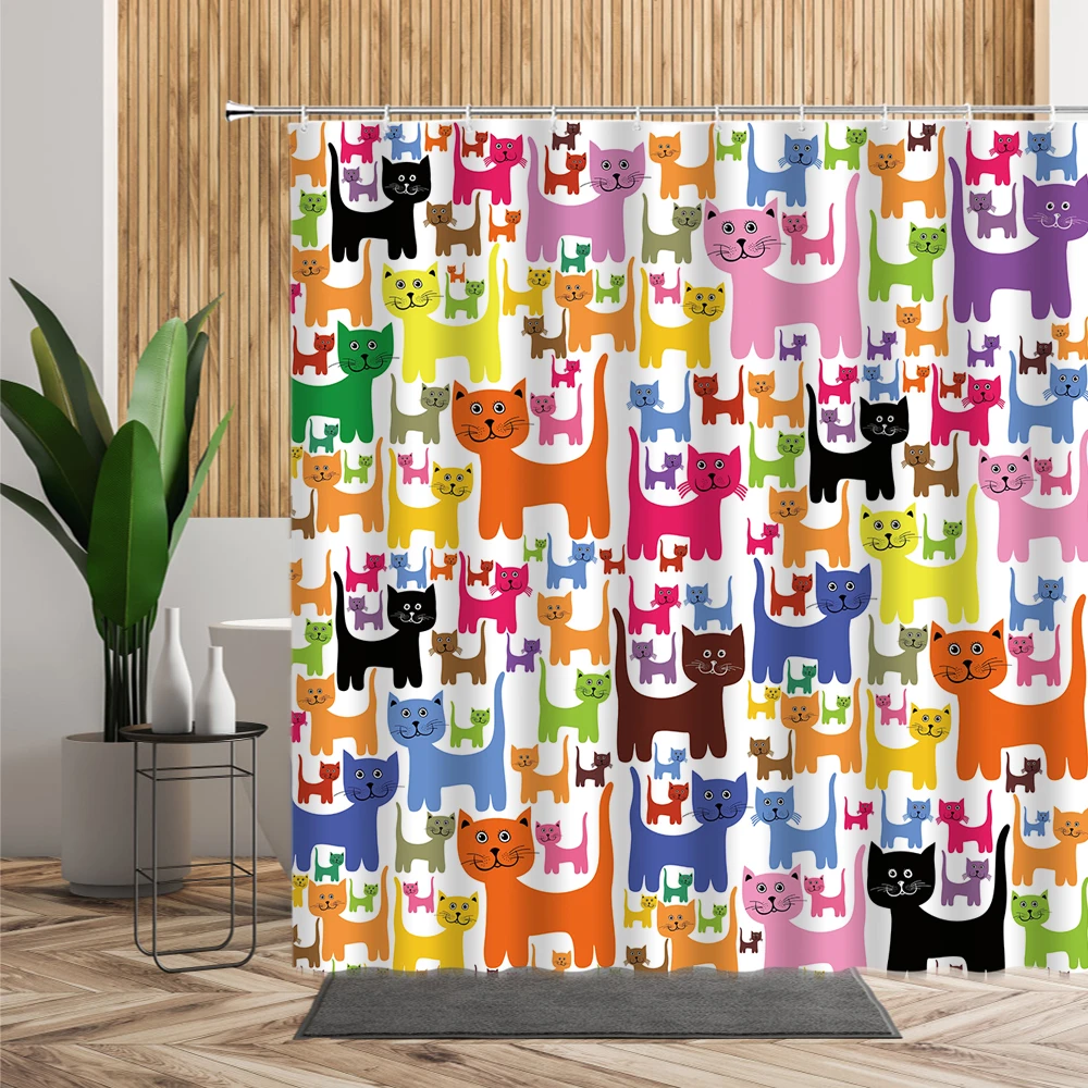 cartoon cute animal shower curtain set cat dog anime printed bathroom decor 3d waterproof bath fabric home curtains for children free global shipping
