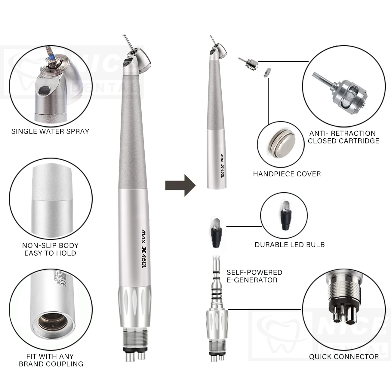 Dental 45 Degree Kavo Type Mini Head High Speed Handpiece Fiber Optic LED Coupling Air Turbine Hand Piece X450L