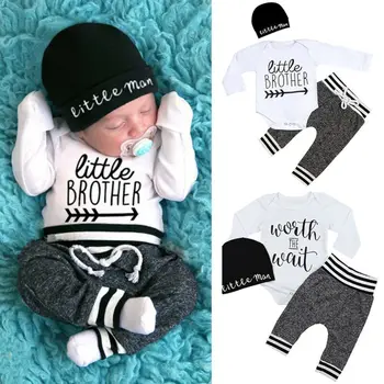 0-18Months Newborn Infant Baby Boy Clothes Cotton Sets Long Sleeve Romper Pant Hats Outfit 3Pcs Baby Warm Clothing 1