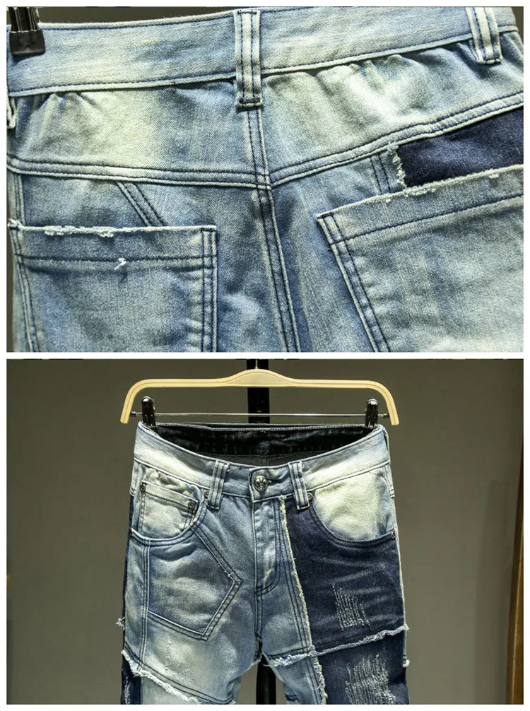 Autumn Stitching Jeans Men's Slim Straight European American Style Personality Vintage Youth Patch Fashion Denim Trousers 28-38