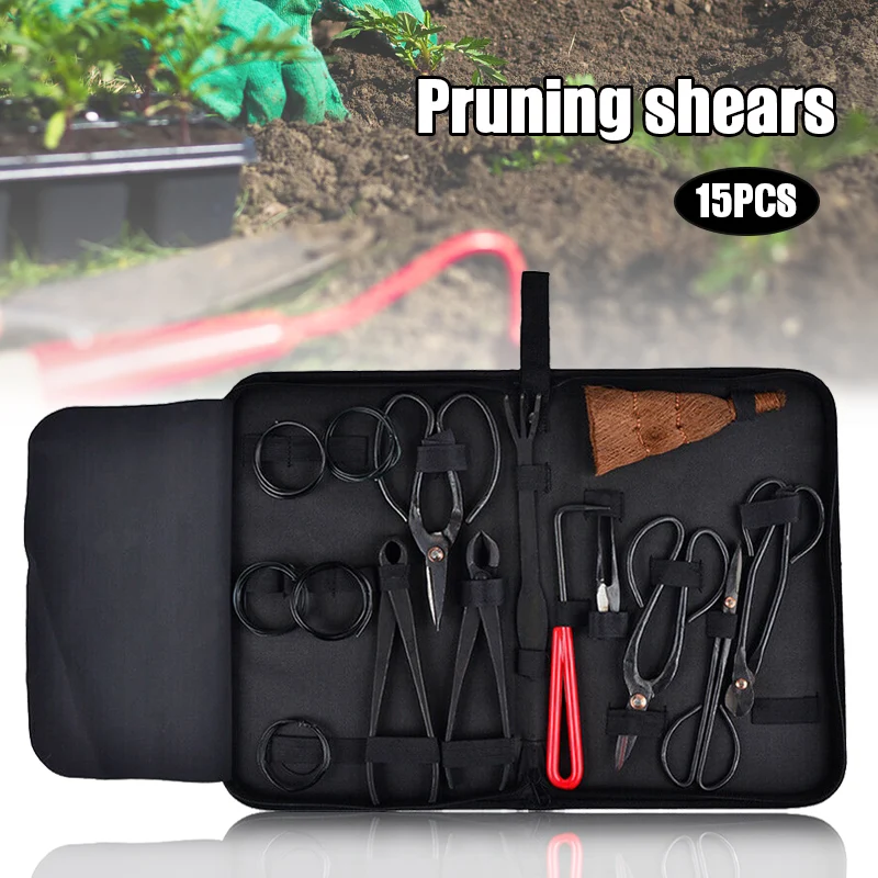 

Garden Bonsai Tool Set 15pcs Carbon Steel Kit Cutter Scissors With Nylon Case Outdoor Shackle for Camping MJJ88