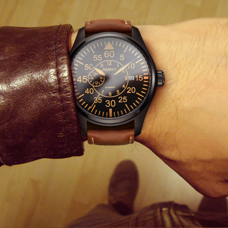 Часы наручные Parnis Мужские механические автоматические в стиле милитари с