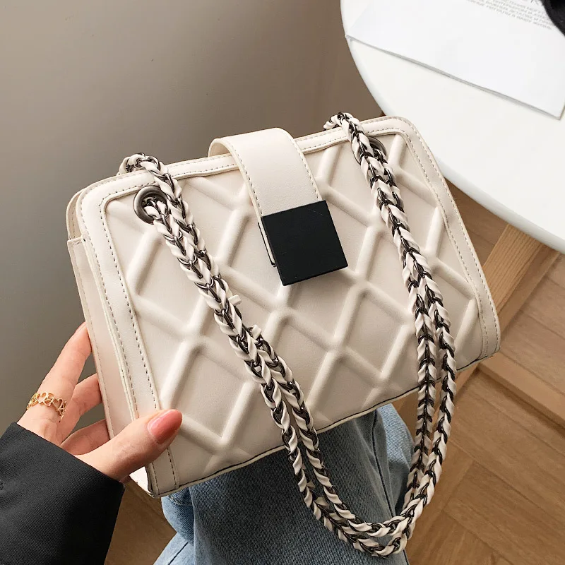 

Women Tote Crossbody Bag High Quality Rhombic Grid Leather Shoulder Bags For Women Metal Chain Satchels Femal Messenger Bag