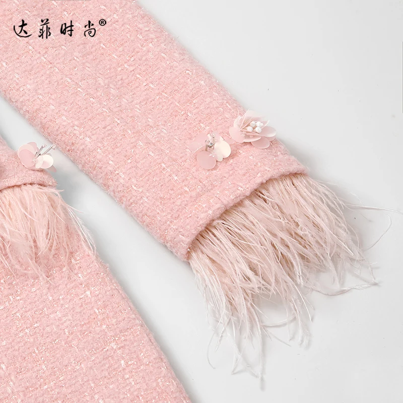 Elegant Feathers Double-breasted Winter Coat Women Runway Designer Thick Warm Pink Wool Coat Jacket High Quality Outwear