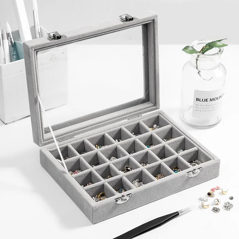 

24 Nail Decoration Jewelry Storage Box Flannel Jewelry Transparent Cover Drill Box PU Lock Small Items Storage Box
