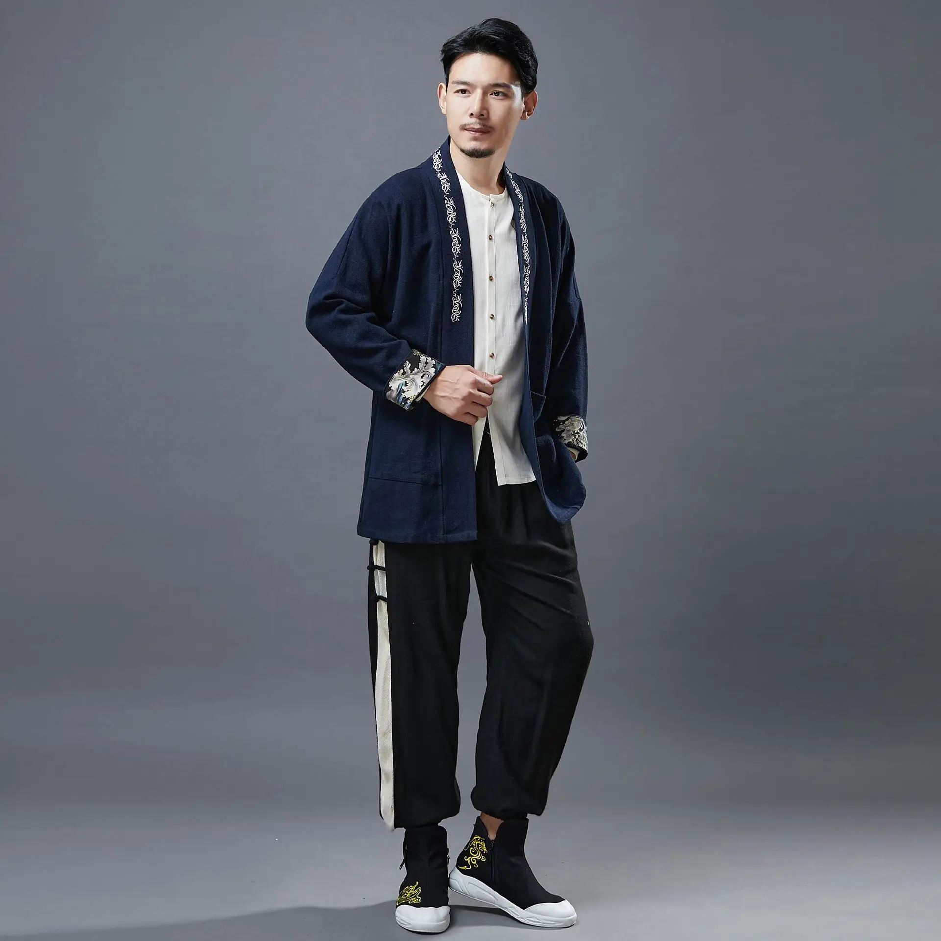 Кардиган в китайском стиле с вышивкой свободное повседневное пальто из хлопка и