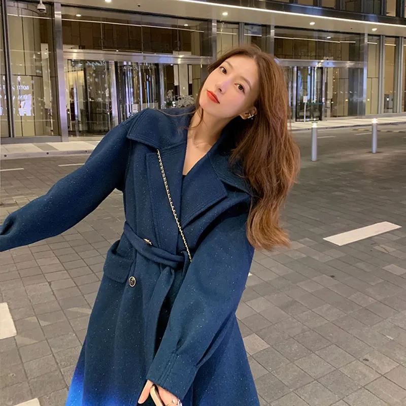 

JXMYY 2020 autumn and winter new women's fashion long waist and thin woolen coat double-breasted lace-up woolen coat