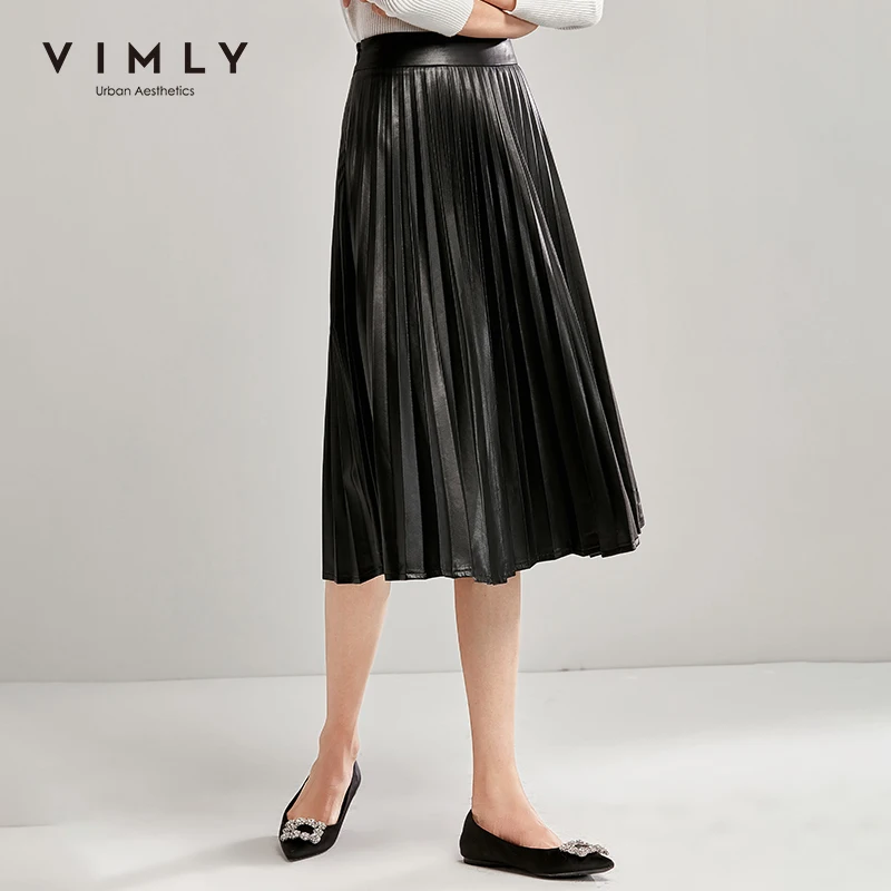 Женская кожаная юбка Vimly элегантная офисная однотонная плиссированная