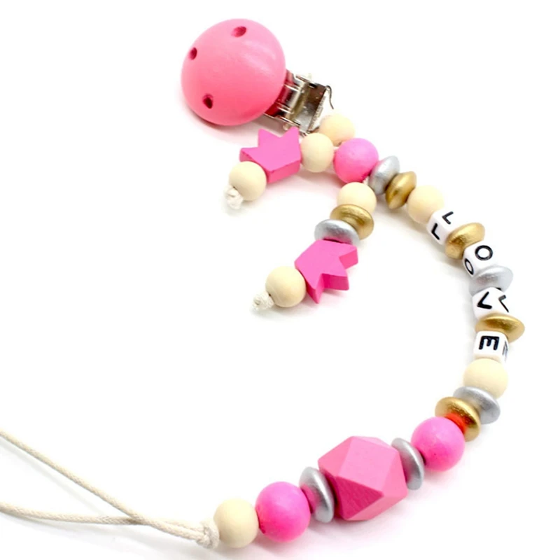 1PCS Wood Silicone Beads Baby Pacifier Clips Chain Nipple Pacifier Chain Holder Letter Charms Teether Toys Anti-Drop Chains
