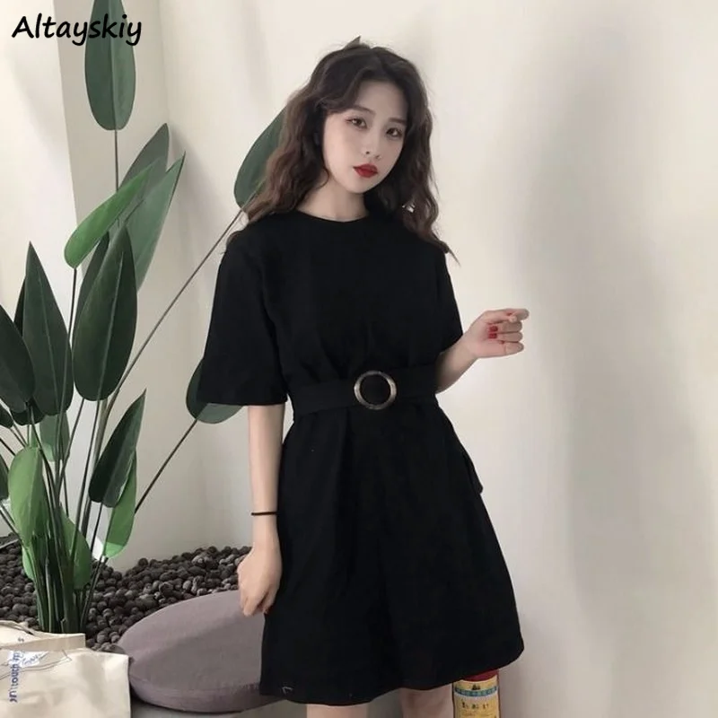 

Dresses Women Above Knee Short Sleeve Minimalist Sashes O-Neck Solid Loose Casual Korean Style Fashion Summer Harajuku Chic New