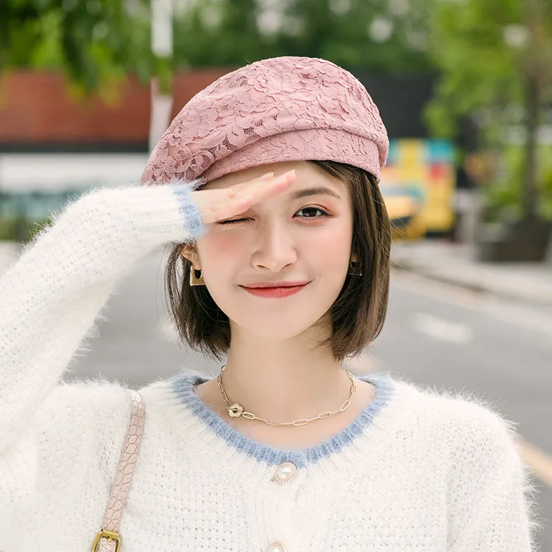 

New Spring Autumn Lace Beret Women Korean Japanese Style British Fashion Octagonal Hat Fashion Octagon All-Match Painter Hat