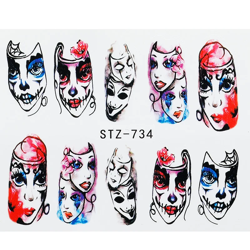 9pcs Suit Skeleton Nail Sticker Water Self-Adhesive Halloween Slider Tattoo Big Eyes Scary DIY Stickers Decoration | Красота и