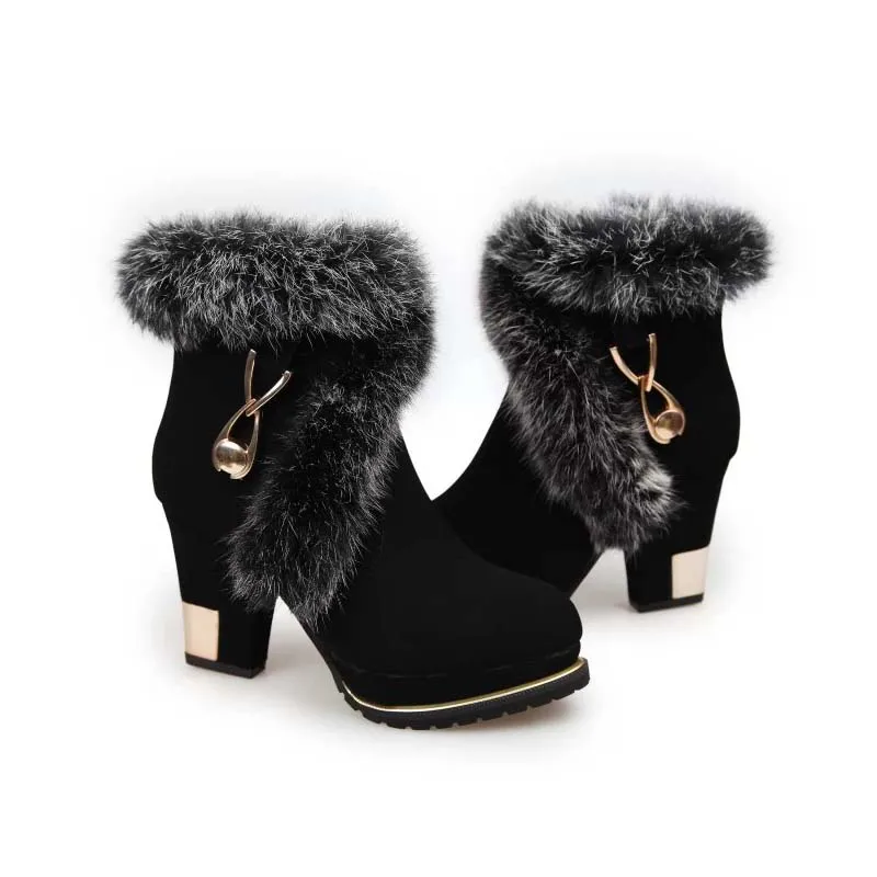 

2019 New Winter Faux Fur Fashion High Heels Women Shoes Woman Boots Platform Warm Snow Luxury Femme Ladies Korean Black 563