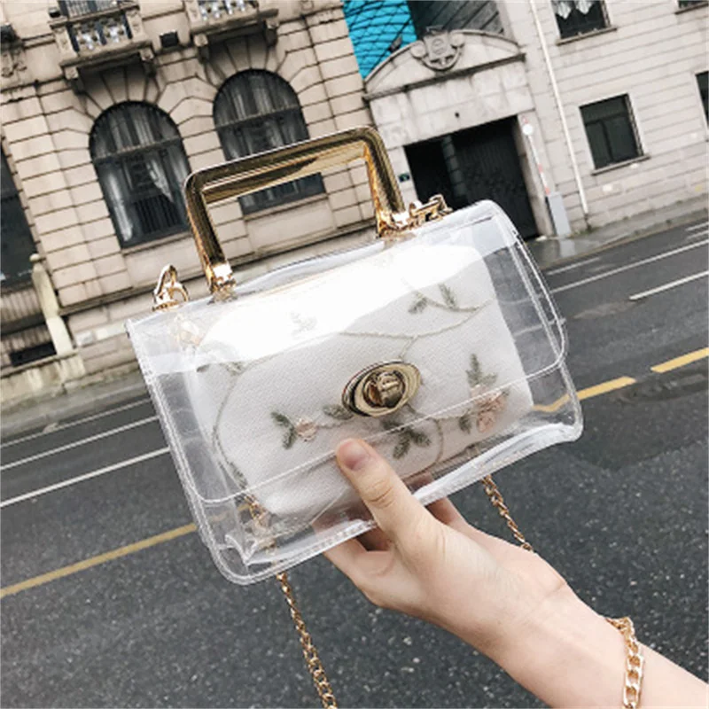 

Ladies Luxury Fashion Simple Transparent Jelly Crossbody Hang Bags 2pcs Composite Chain Shopping Portable Messenger Flap Purse