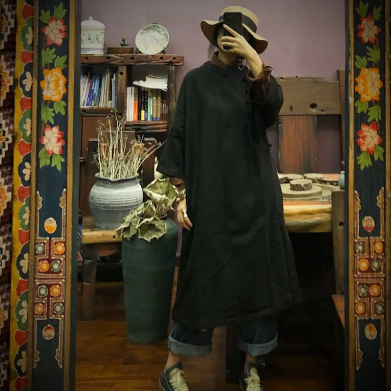 Женское шерстяное платье с воротником стойкой Johnature однотонное свободное