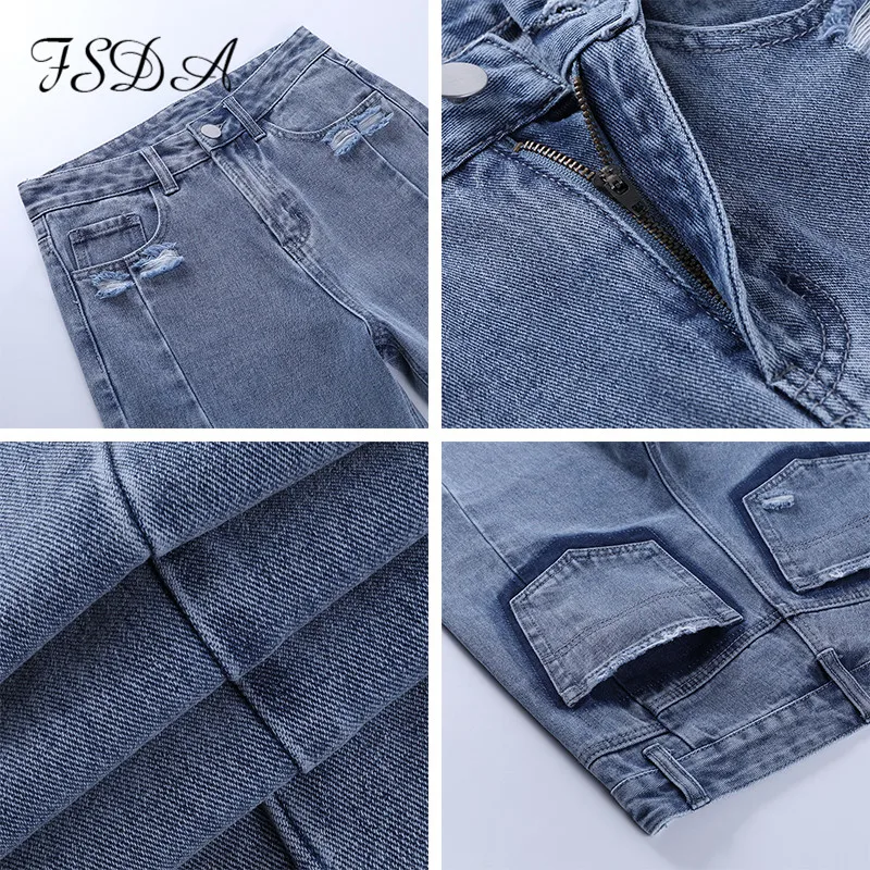 

FSDA Patchwork Jeans Pant Women Fashion 2021 Summer Spring Vintage Y2K High Waist Casual Streetwear Long Denim Trousers