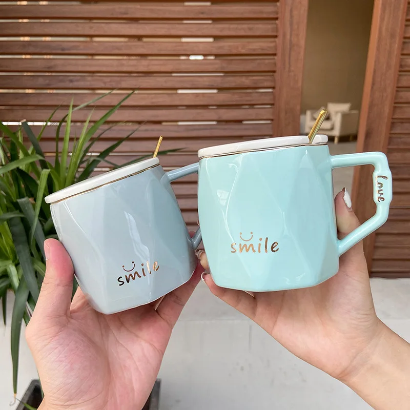 

Fashion diamond mug With Lid and Spoon Coffee Milk Tea Mugs Breakfast Cup Drinkware teacup Novelty Gifts