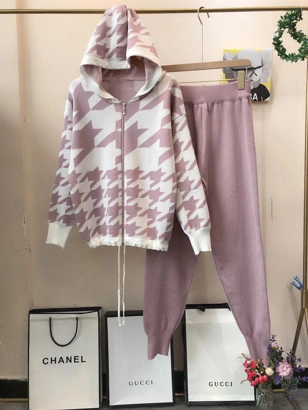 

2021 New Spring Autumn Women Knit Plaid Hooded Cardigans + Pants Two Piece Set Casual Knitted Suits for Woman