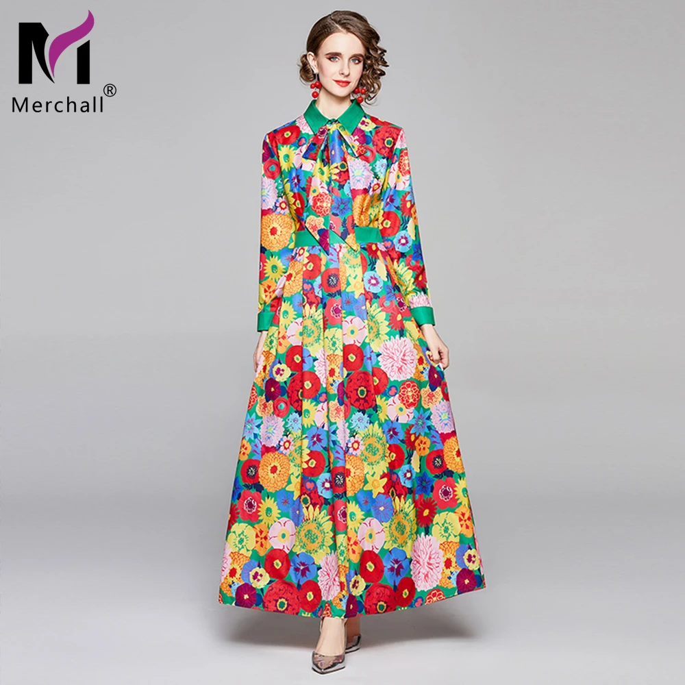 

New Fashion 2021 Spring Runway Full Sleeve Women Shirt Dress Female Vintage Multicolor Floral Print Long Dress robe longue