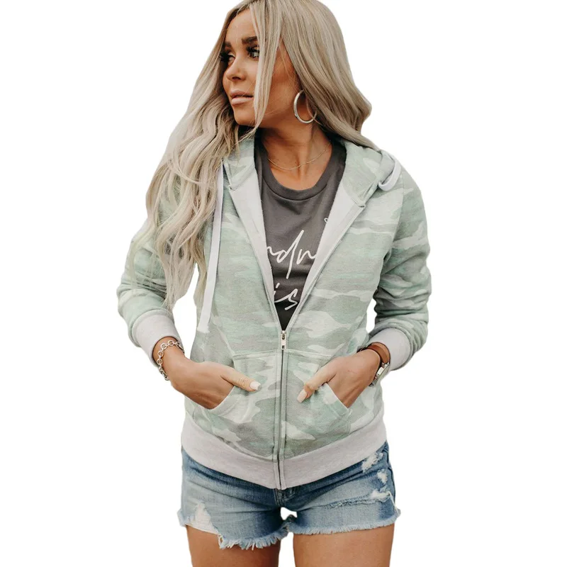 

Popular European and American long sleeve camouflage hooded pocket zipper women