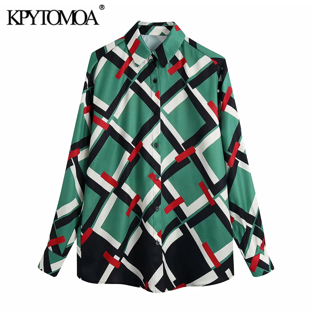 

KPYTOMOA Women 2021 Fashion Geometric Print Loose Blouses Vintage Long Sleeve Button-up Female Shirts Blusas Chic Tops
