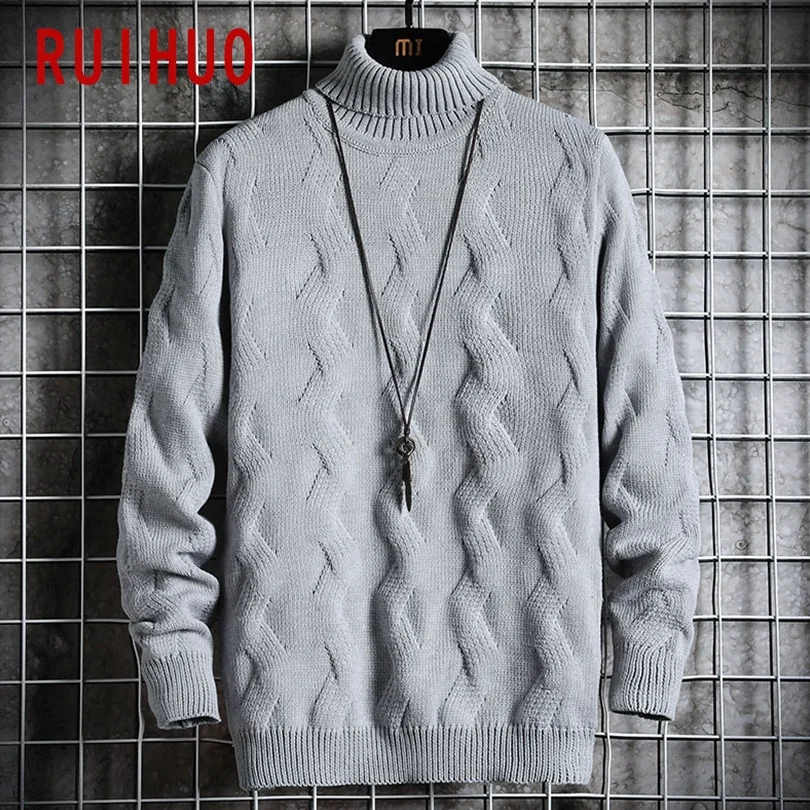 

RUIHUO 2022 White Pullover Turtleneck Men Clothing Turtle Neck Coats High Collar Knitted Sweater Korean Man Clothes M-2XL