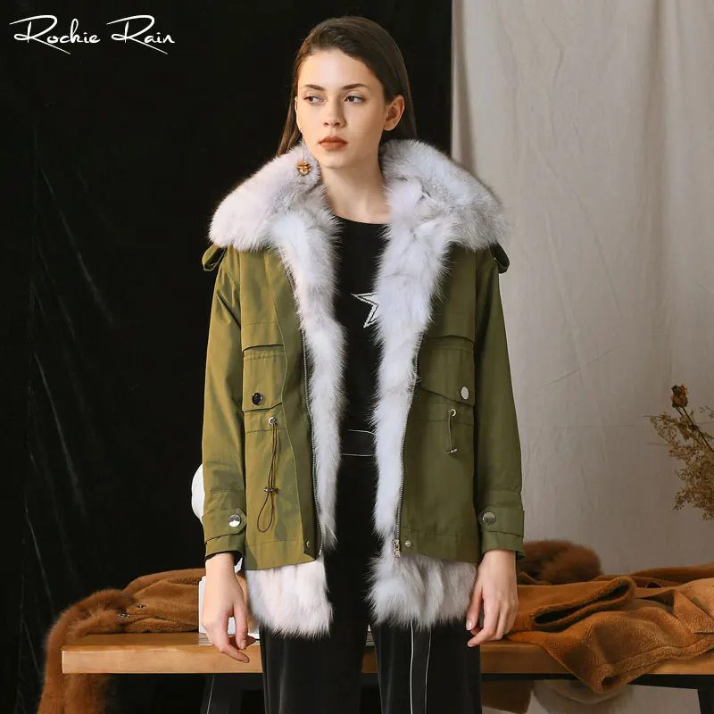 Настоящая меховая парка пальто для женщин натуральный Лисий мех воротник Рекс