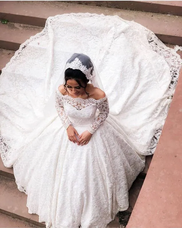 Saudi Arabic Vintage Ball Gown Lace Wedding Dresses 2020 Luxury Off Shoulder chapel Train Bridal Gowns Vestidos De Novia | Свадьбы и
