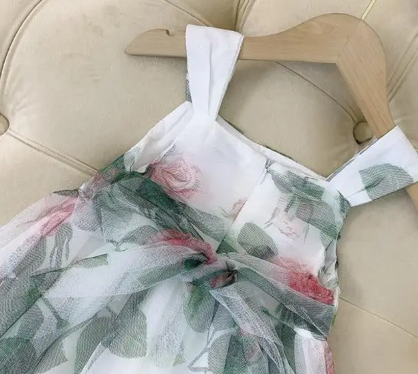 

Baby girl summer vintage spaghetti srtap printed dress children casual mesh stitching princess beach dress