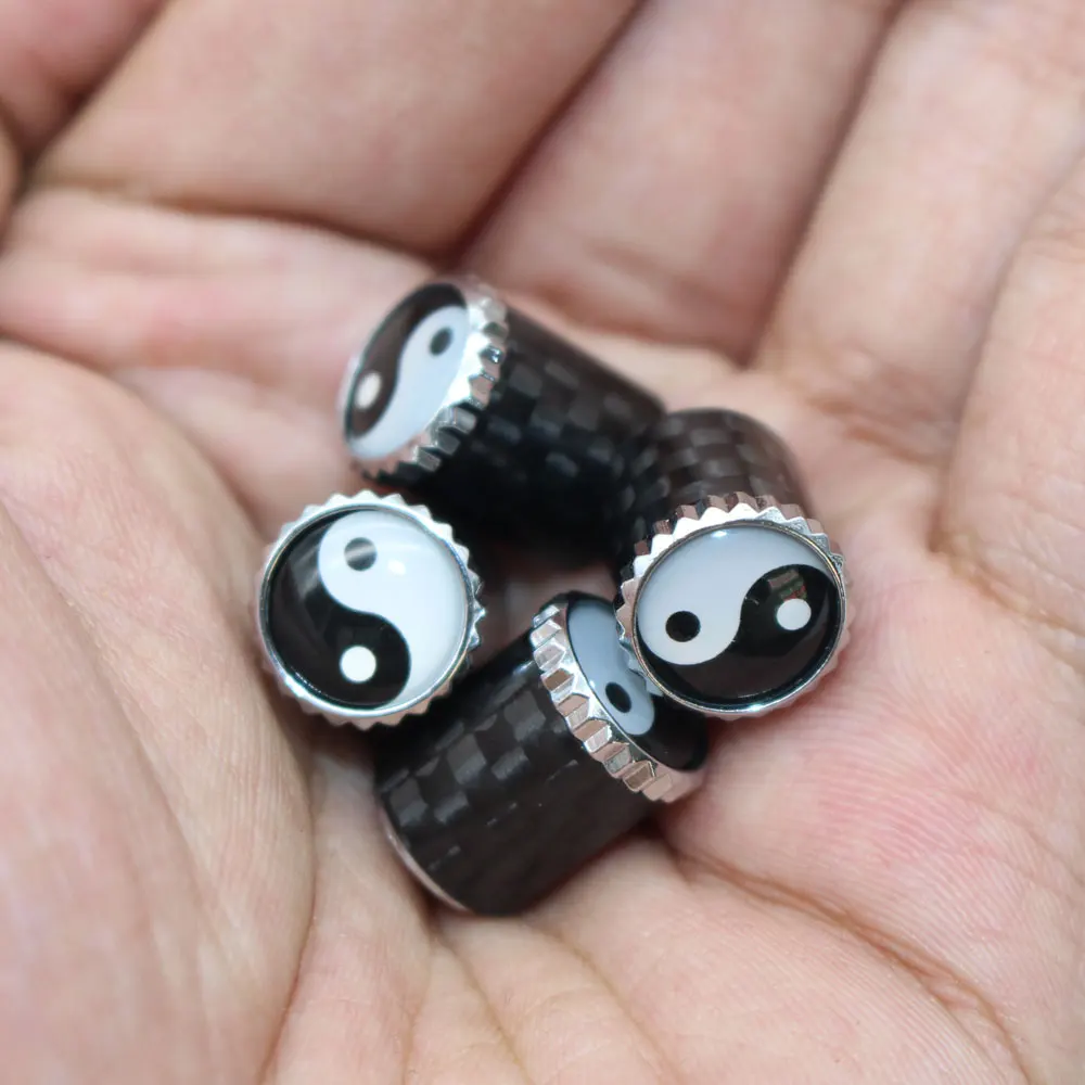 

5Pcs/Set Tai-Chi Style Emblem Auto Car Wheel Tire Air Valve Caps With Wrench Keychain Carbon Fiber + Copper Stem Dust Cover Acce