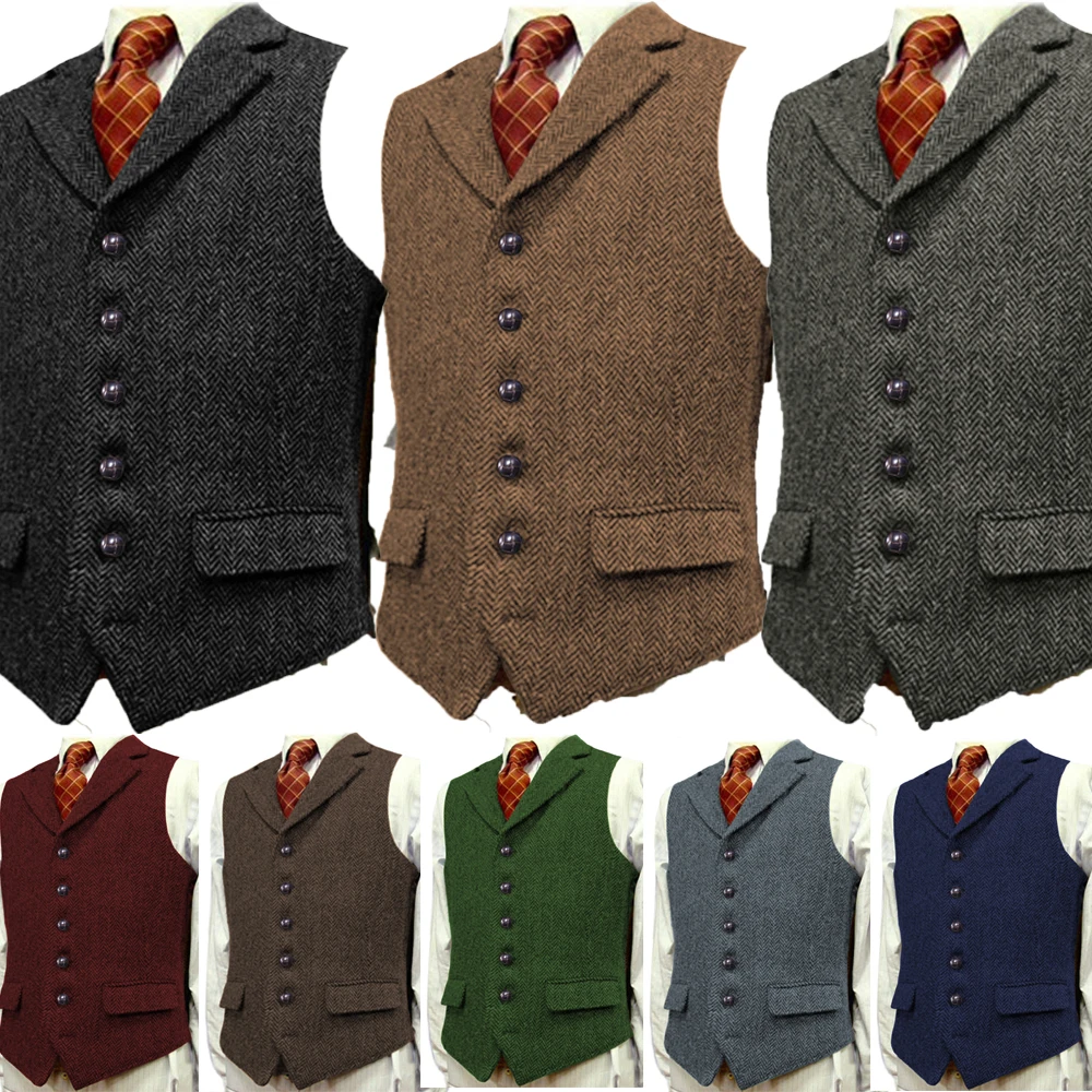 Men's Wool Tweed Slim Fit Leisure Cotton Burgundy Vest Gentleman Herringbone Business Brown Waistcoat Blazer For Wedding Groom