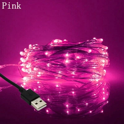 Pink Светодиодный светильник, 5 м, 10 м, 20 м, медный, Серебряный провод, водонепроницаемый, праздничный светильник ing для феи, Рождества, свадьбы, вечеринки, украшения, DC5V, USB - Испускаемый цвет: Pink